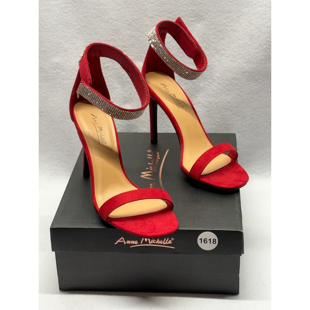 Anne Michelle Timeless-30 Red Faux Suede Rhinestone Ankle Strap Stiletto Heels 8